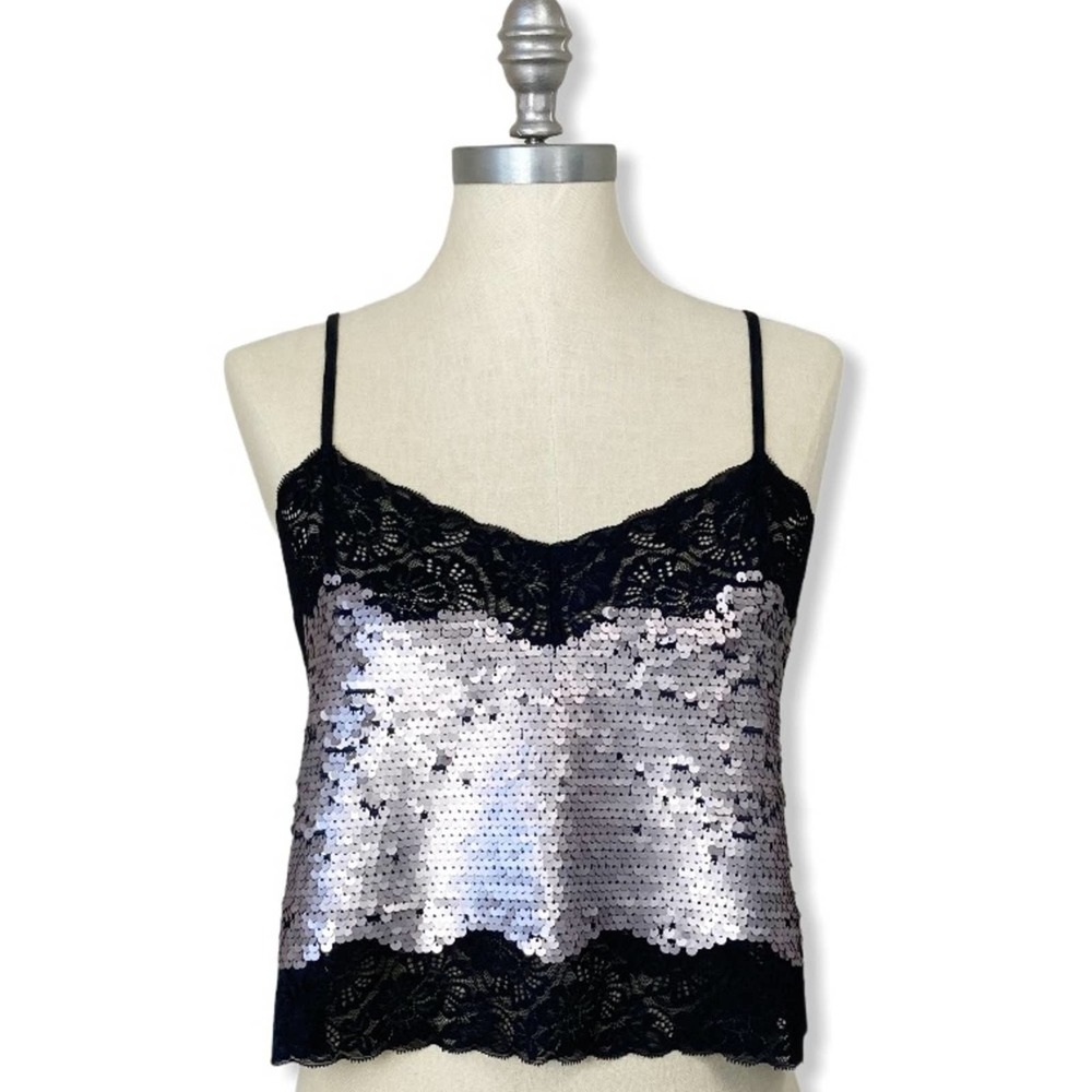 EXPRESS Sequin Lace Cropped Camisole Tank Top Silver Black Small